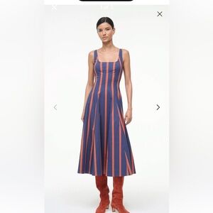 STAUD Navy and Coral Striped Midi Dress